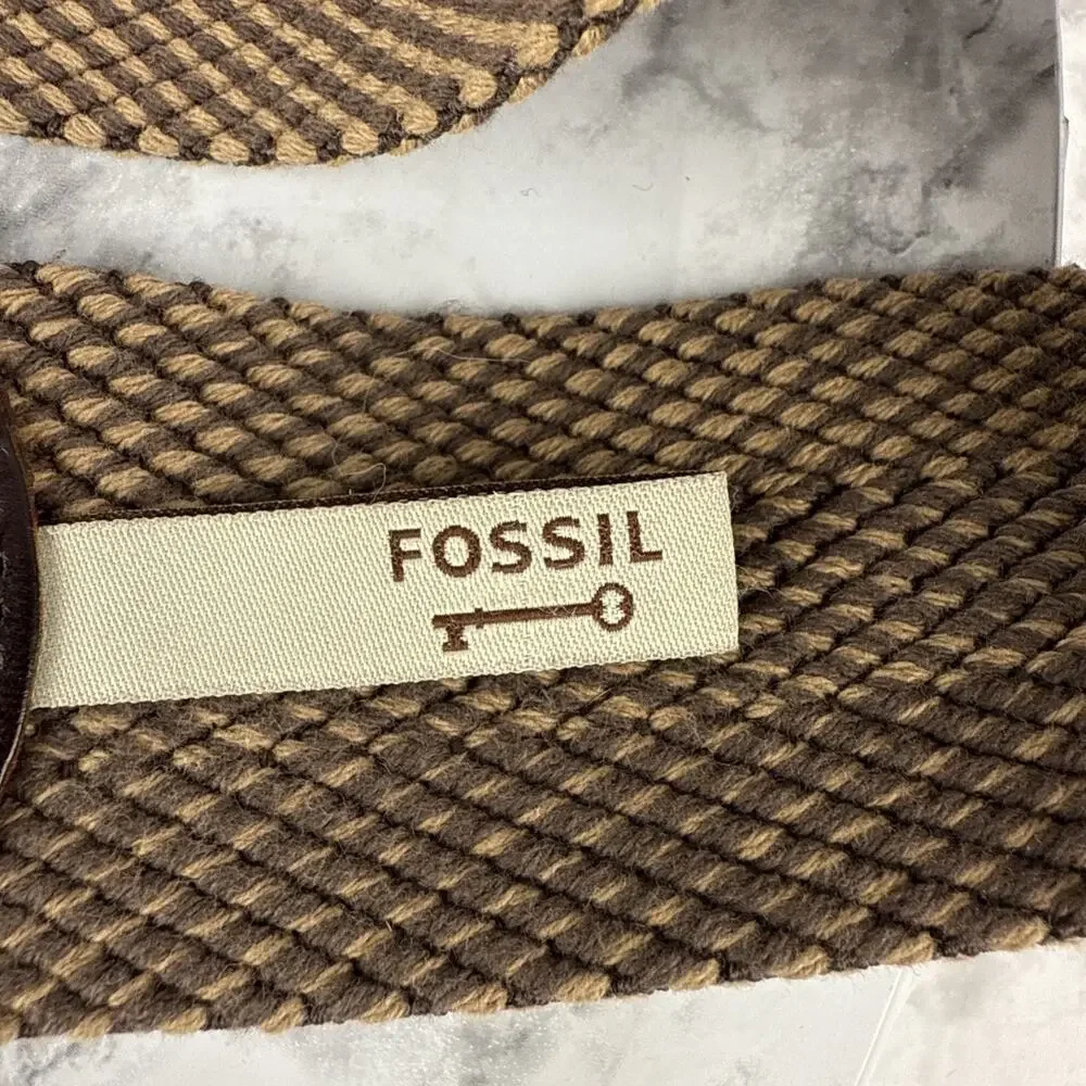 Fossil Womens Brown Tan Herringbone‎ Woven Wide Belt Brown Leather Buckle Size L